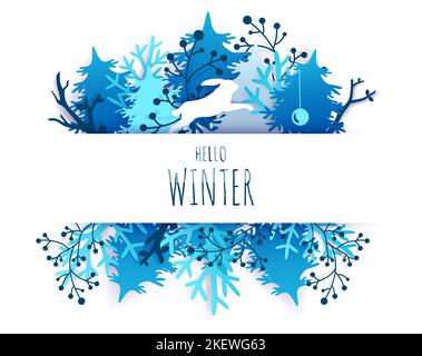 Ciao Winter carta scritta a mano tipografia, illustrazione vettoriale in carta arte stile artigianale. Bella carta taglio composizione invernale con alberi innevati chr Illustrazione Vettoriale