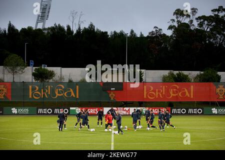 Oeiras, Portogallo. 14th Nov 2022. La squadra di calcio portoghese partecipa a una sessione di allenamento al campo di allenamento Cidade do Futebol di Oeiras, Portogallo, il 14 novembre 2022, in vista del torneo di calcio della Coppa del mondo del Qatar 2022. (Credit Image: © Pedro Fiuza/ZUMA Press Wire) Foto Stock