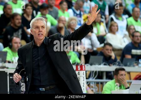 Capodistria, Slovenia. 14th Nov 2022. Pallacanestro: Qualificazioni Mondiali, Slovenia - Germania, Europa, 2nd° turno, Gruppo J, Il giorno 4, Bonifika Arena. L'allenatore nazionale Gordon Herbert fornisce istruzioni tattiche. Credit: Matthias Stiekel/dpa/Alamy Live News Foto Stock