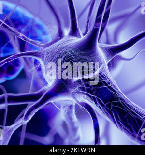 Vista microscopica delle sinapsi. Connessioni cerebrali. Neuroni e sinapsi. Comunicazione e stimolo cerebrale. Circuito di rete neurale degenerativo Foto Stock