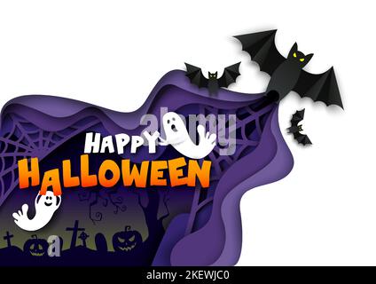 Pipistrelli volanti, simpatici fantasmi Boo, sfondo notturno con cimitero con tombe e albero morto, illustrazione vettoriale in stile carta d'arte. Buone compos di Halloween Illustrazione Vettoriale