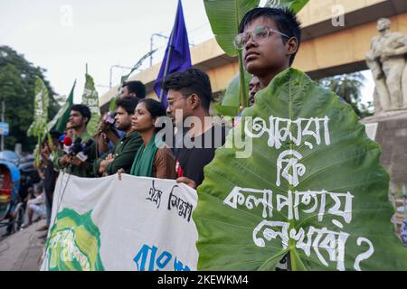 Dhaka, Bangladesh. 14th Nov 2022. Gli studenti di sinistra del Bangladesh tengono cartelloni in forma di foglie mentre si riuniscono in una protesta contro l'aumento del prezzo di vari materiali educativi, tra cui la carta, a Dhaka, Bangladesh, il 14 novembre 2022. Durante la protesta, criticando il governo per l'aumento del prezzo del materiale educativo, i capi dell'organizzazione hanno detto che se gli studenti non ottengono nuovi libri a gennaio, essi avvieranno un movimento per abbattere il governo. (Credit Image: © Suvra Kanti Das/ZUMA Press Wire) Foto Stock