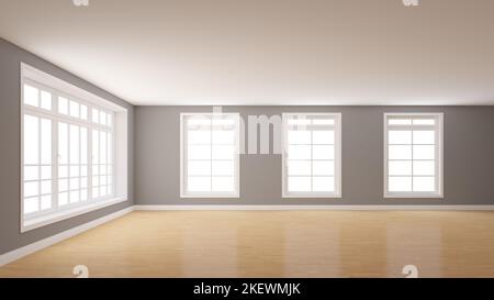 Interno vuoto con pareti intonacate grigie, una grande finestra a sinistra e tre finestre al centro. Bianco Plinth e un pavimento in parquet chiaro. Beffo io Foto Stock