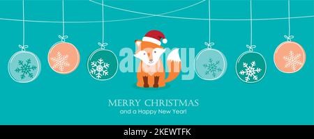 biglietto di natale con simpatica volpe e albero decorazione palle con fiocchi di neve Illustrazione Vettoriale