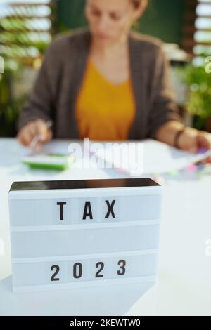 tempo fiscale. contabile donna che lavora con i documenti in ufficio. Foto Stock