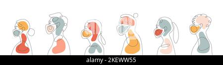 Persone con maschere. Gruppo di persone che indossano maschere mediche. Profilo persone astratte. Illustrazione vettoriale Gruppo di persone disegno. Donne e uomini waiti Illustrazione Vettoriale