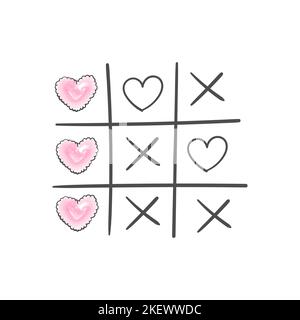 Buon biglietto di auguri per San Valentino. TIC tac gioco di punta con croccante e cuori. Disegnato a mano. Illustrazione vettoriale Illustrazione Vettoriale
