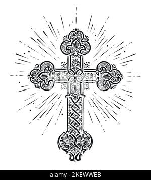 Croce cristiana e raggi. Brillante segno a croce decorativo. Simbolo dell'illustrazione del vettore di fede Illustrazione Vettoriale