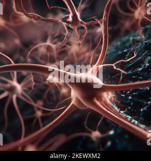Vista microscopica delle sinapsi. Connessioni cerebrali. Neuroni e sinapsi. Comunicazione e stimolo cerebrale. Circuito di rete neurale degenerativo Foto Stock