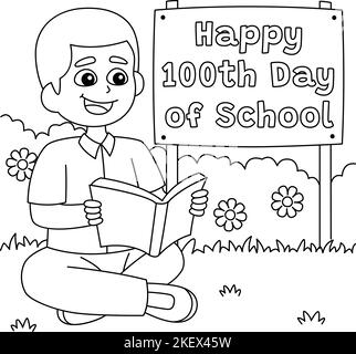 100th giorno di scuola studente lettura libro colorazione Illustrazione Vettoriale