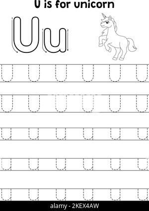 Lettera ABC colorazione Unicorn Animal Tracing pagina U Illustrazione Vettoriale