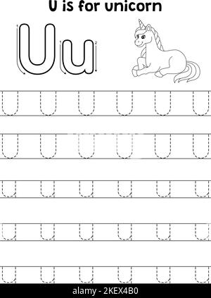 Lettera ABC colorazione Unicorn Animal Tracing pagina U Illustrazione Vettoriale