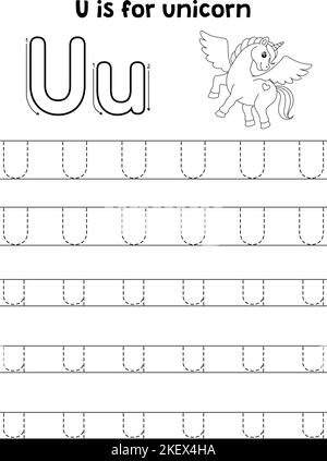 Lettera ABC colorazione Unicorn Animal Tracing pagina U Illustrazione Vettoriale