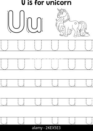 Lettera ABC colorazione Unicorn Animal Tracing pagina U Illustrazione Vettoriale