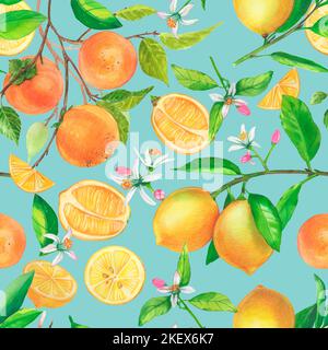 Splendido motivo senza cuciture. Acquerello agrumi disegno a mano illustrazione. Persimmon tree ramificazione arancia limone frutta. Foto Stock