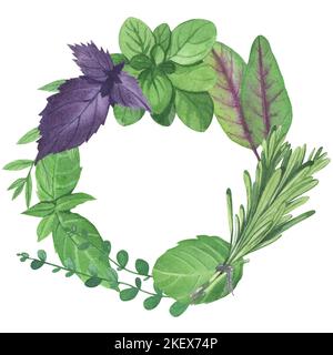 Wreath floreale acquerello, cornice con foglie verdi e rami. Giardinaggio, erbe medicinali, rami, foglie. Per biglietti d'auguri di nozze, sfondo, g Foto Stock