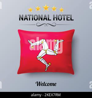 Cuscino realistico e bandiera dell'isola di Man come Symbol National Hotel. Coperchio del cuscino per bandiera con design a bandiera Illustrazione Vettoriale