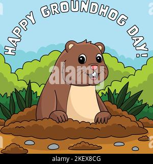 Felice giorno Groundhog colorato Cartoon Illustrazione Illustrazione Vettoriale