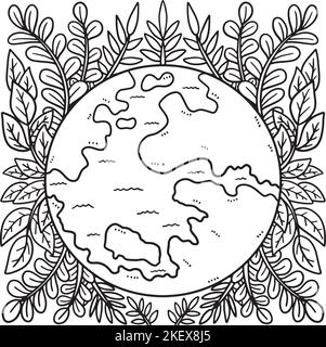 Earth Day Terra circondata da foglie colorazione pagina Illustrazione Vettoriale