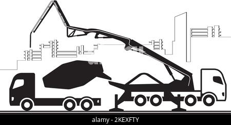 Autocarro con pompa per calcestruzzo in cantiere - illustrazione vettoriale Illustrazione Vettoriale