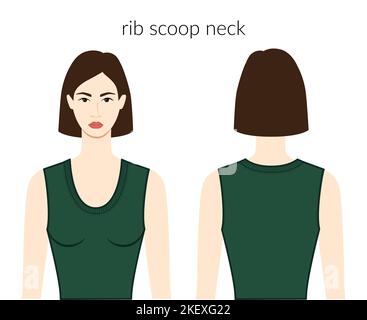 RIB scoop abiti scollo maglia, maglioni personaggio bella donna in top smeraldo, abito tecnico di moda illustrazione con corpo adattato. Modello di abbigliamento piatto anteriore, posteriore. Donne, uomini unisex Illustrazione Vettoriale