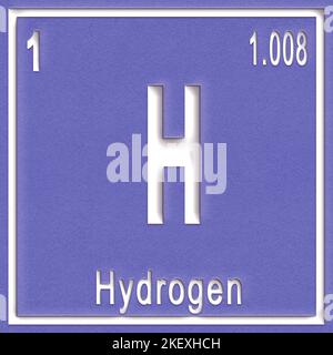 Elemento chimico idrogeno, segno con numero atomico e peso atomico, elemento Tavola periodica Foto Stock