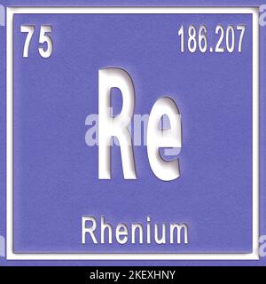 Elemento chimico renio, segno con numero atomico e peso atomico, elemento Tavola periodica Foto Stock