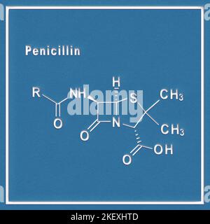 Penicillina, farmaco antibiotico, formula chimica strutturale su sfondo bianco Foto Stock