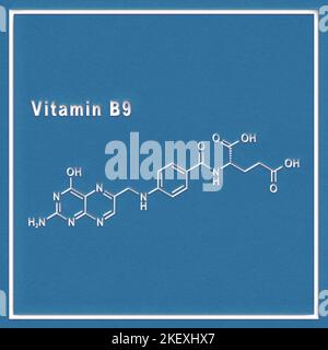 Vitamina B9, acido folico, formula chimica strutturale su sfondo bianco Foto Stock