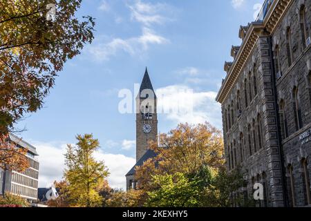 Ithaca, New York-Ottobre 25,2022: McGraw Tower con coloratissime foglie autunnali sul campus della Cornell University Foto Stock