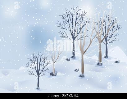 Paesaggio montano invernale con montagne e alberi su sfondo vettoriale con fiocchi di neve che cadono da Sky.Cartoon scenario invernale di clima freddo e vi Illustrazione Vettoriale