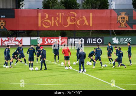 Oeiras, Portogallo. 14th Nov 2022. I giocatori del Portogallo hanno visto in azione durante la sessione di allenamento al campo di allenamento Cidade do Futebol. La squadra di calcio portoghese si allena per la prima volta prima di partecipare alla Coppa del mondo FIFA 2022, che inizierà il 20th novembre. Credit: SOPA Images Limited/Alamy Live News Foto Stock