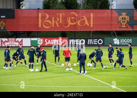 Oeiras, Portogallo. 14th Nov 2022. I giocatori del Portogallo hanno visto in azione durante la sessione di allenamento al campo di allenamento Cidade do Futebol. La squadra di calcio portoghese si allena per la prima volta prima di partecipare alla Coppa del mondo FIFA 2022, che inizierà il 20th novembre. (Foto di Hugo Amaral/SOPA Images/Sipa USA) Credit: Sipa USA/Alamy Live News Foto Stock