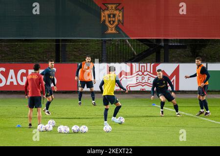 Oeiras, Portogallo. 14th Nov 2022. I giocatori del Portogallo hanno visto in azione durante la sessione di allenamento al campo di allenamento Cidade do Futebol. La squadra di calcio portoghese si allena per la prima volta prima di partecipare alla Coppa del mondo FIFA 2022, che inizierà il 20th novembre. (Foto di Hugo Amaral/SOPA Images/Sipa USA) Credit: Sipa USA/Alamy Live News Foto Stock