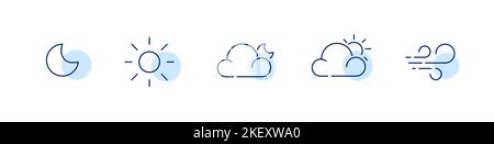 5 semplici icone delle previsioni meteo. Luna, sole, poco nuvoloso di notte e di giorno, vento. Pixel Perfect, linea di tratto modificabile Illustrazione Vettoriale