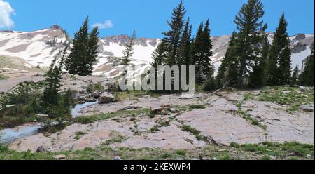 Un forte torrente si forma nel torrente di una grande roccia Foto Stock