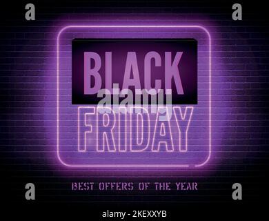 Black Friday vendita pubblicità neon luce e iscrizione su sfondo scuro. Apertura stagionale, offerta speciale del negozio di lusso design poster prezzo speciale. Eleganti sconti realismo viola modello di banner vettoriale. Illustrazione Vettoriale