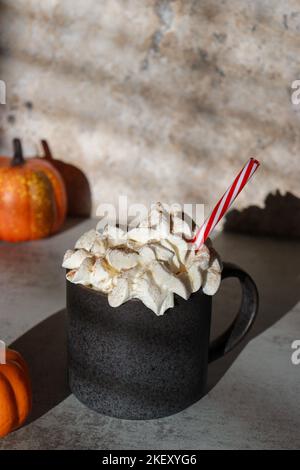 zucca cannella spezia latte su tavolo di marmo grigio, zucche sullo sfondo Foto Stock