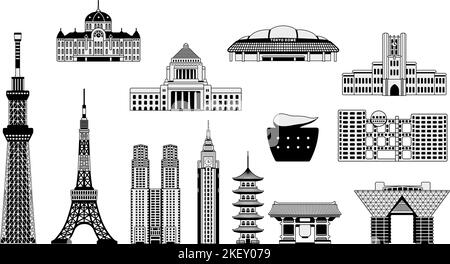 Tokyo edifici di riferimento (torre, tempio, ecc.) set di illustrazioni (stile manga) Illustrazione Vettoriale