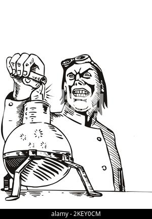 Illustrazione di una formula di versamento pazza dello scienziato dalla provetta al bicchiere in laboratorio vista frontale su un angolo basso su sfondo isolato eseguita in retro st Foto Stock