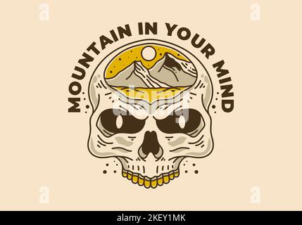 Illustrazione gialla d'arte vintage di cranio e montagna Illustrazione Vettoriale