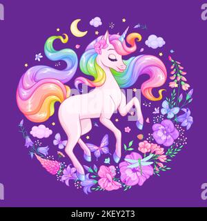 Bellissimo unicorno circondato da fiori e farfalle. Illustrazione vettoriale su sfondo scuro. Illustrazione Vettoriale