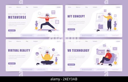 Raccolta di modelli di landing page metaverse. Donne anziane che indossano occhiali VR. Aumentare la realtà o il concetto di Cyberspace. Intrattenimento tecnologico moderno Illustrazione Vettoriale