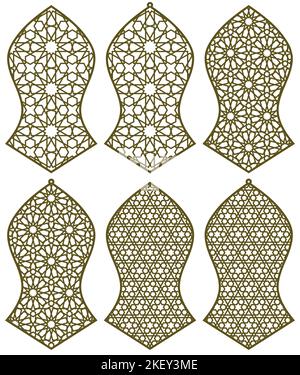 Un set di sei elementi di design. Tre ornamenti geometrici in stile arabo Illustrazione Vettoriale