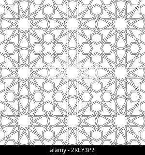 Ornamento geometrico senza cuciture basato sulla tradizionale arte islamica. Linee sagomate in bianco e nero Illustrazione Vettoriale