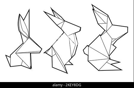 Set di conigli di origami di contorno vettoriali. Il contorno poligonale è isolato dallo sfondo. Simbolo del cinese di Capodanno. Animali piegati di carta. Illustrazione Vettoriale