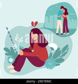 la ragazza ricorda i rapporti e l'amore con un uomo, separazione anelito per l'amore. flat vettore illustrazione. Relazione e concetto di assistenza sanitaria per Illustrazione Vettoriale