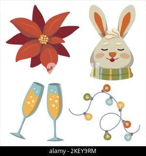 set di vettori di nuovo anno coniglietto in un paio di bicchieri sciarpa con lanterne champagne natale nuovo anno Illustrazione Vettoriale