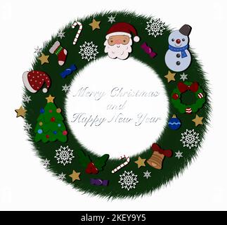 Corona di nuovi anni con Babbo Natale e doni e iscrizione Illustrazione Vettoriale