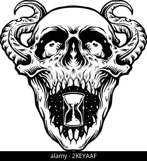 Corno del cranio e illustrazioni vettoriali monocromatiche in clessidra per il tuo logo di lavoro, maglietta, adesivi e disegni di etichette, poster, biglietti d'auguri Illustrazione Vettoriale
